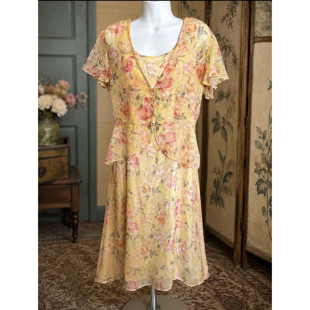 White Stag Size 12 Women’s Yellow Floral Midi Dress 38” Bust 100% Polyester
